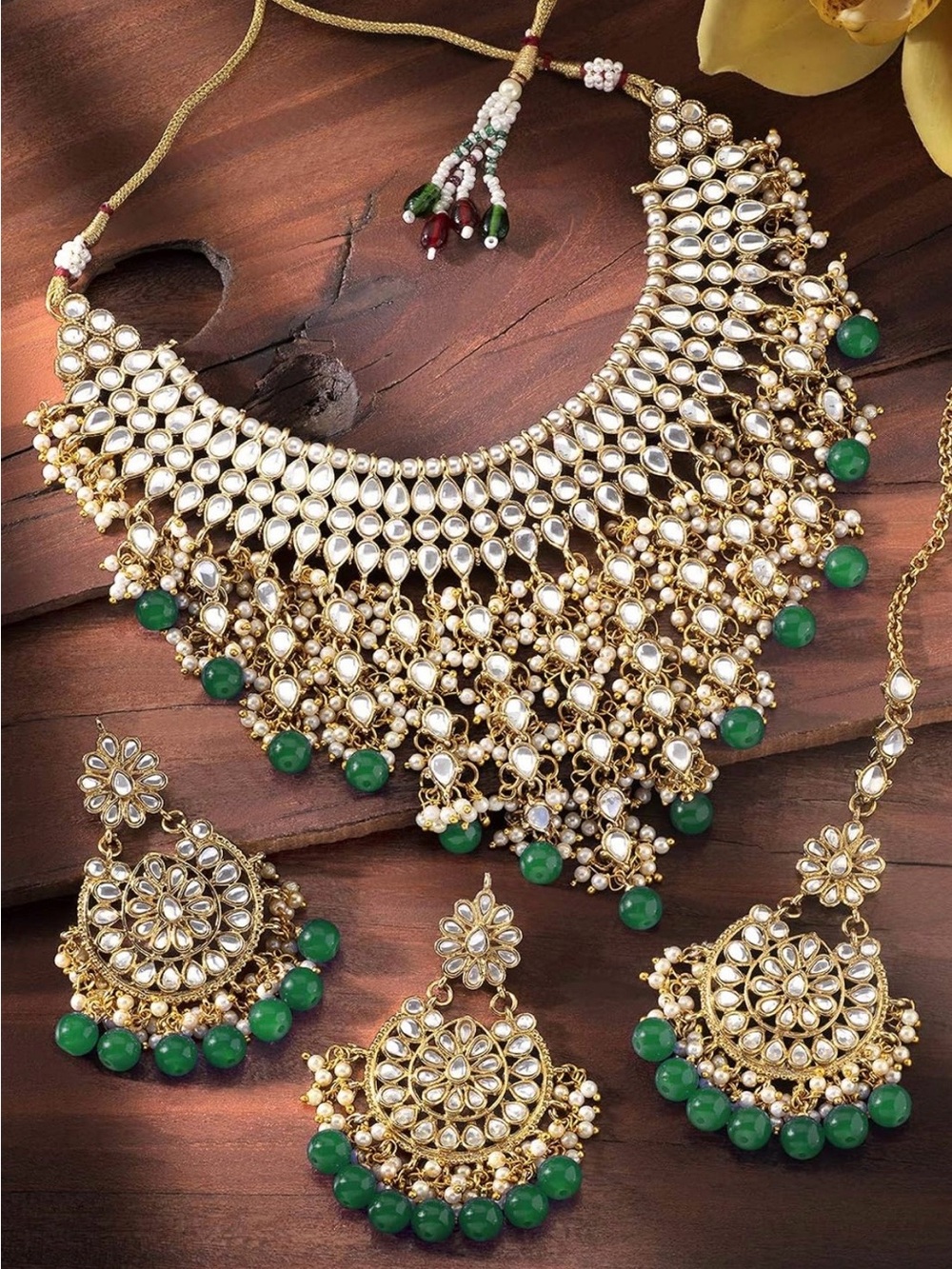 Gold Kundan Necklace and Earrings Set with Green Beads - Women Jewelry